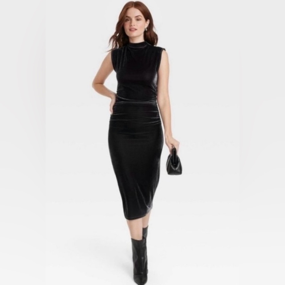 NWT A New Day velour velvet Medium Midi bodycon ruched sleeveless charcoal black